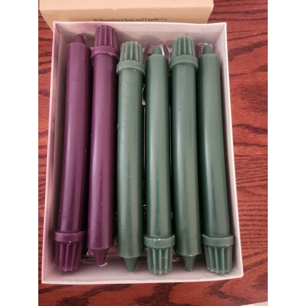 Vtg Williamsburg Soap And Candle Co. Tradition Candles 12 Total 8 Purple 4 Green